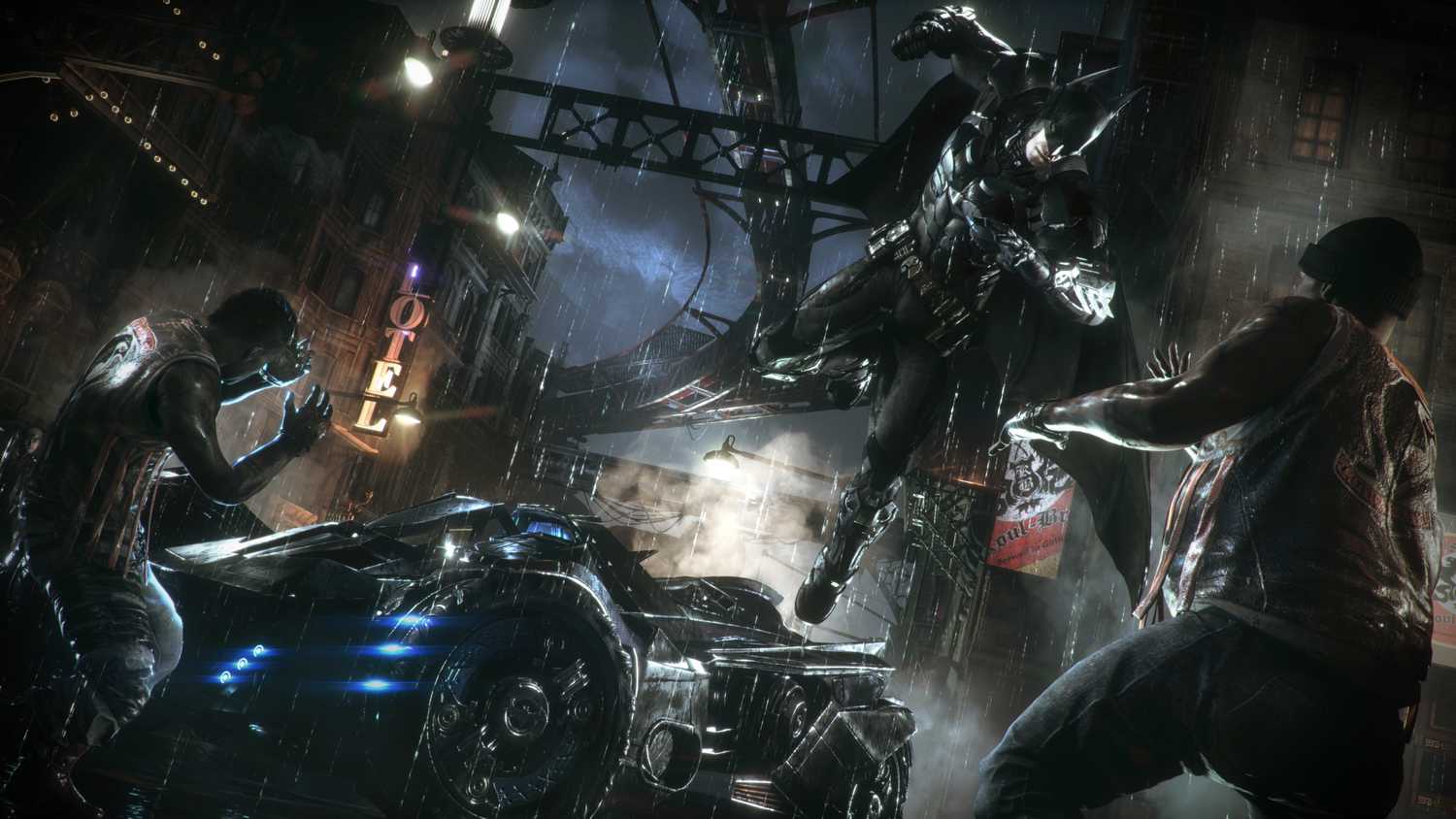 Batman jumping out of the Batmobile to beat up goons in Batman: Arkham Knight.