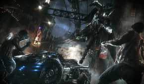 Batman jumping out of the Batmobile to beat up goons in Batman: Arkham Knight.