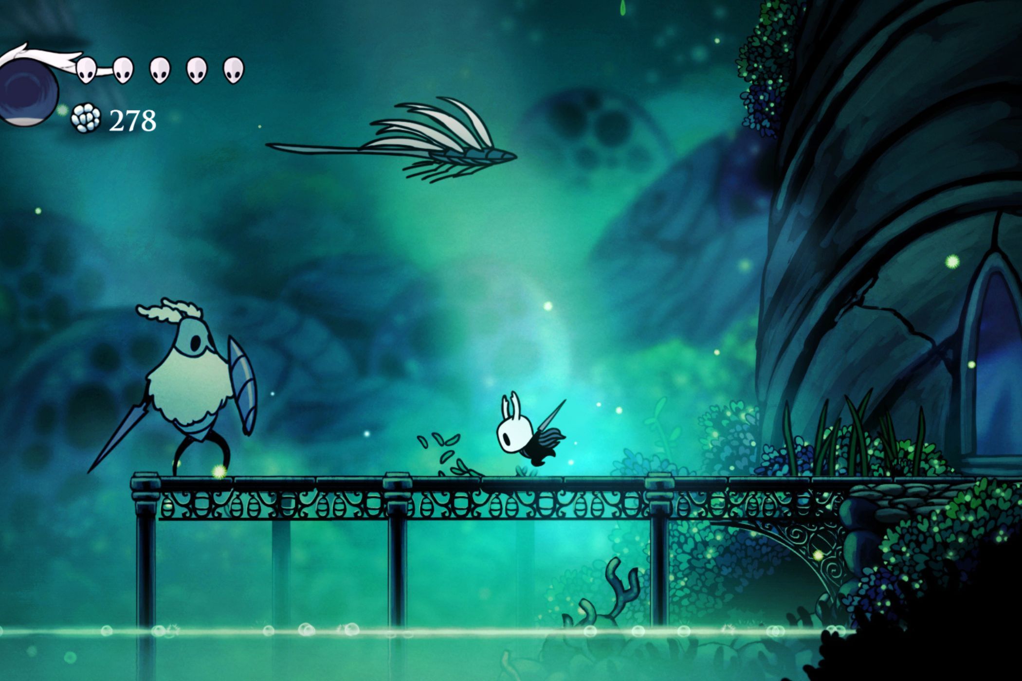 Hollow Knight dashing across dock