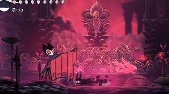 Hollow Knight fighting larger bug boss as shadow