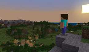 Minecraft steve standing on cliff at sunset