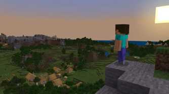 Minecraft steve standing on cliff at sunset