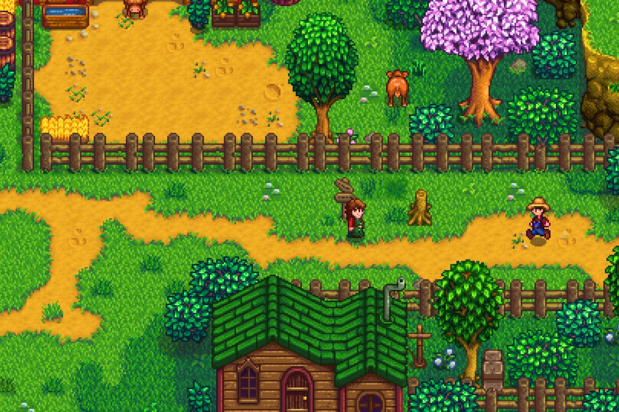 Stardew Valley player running past house
