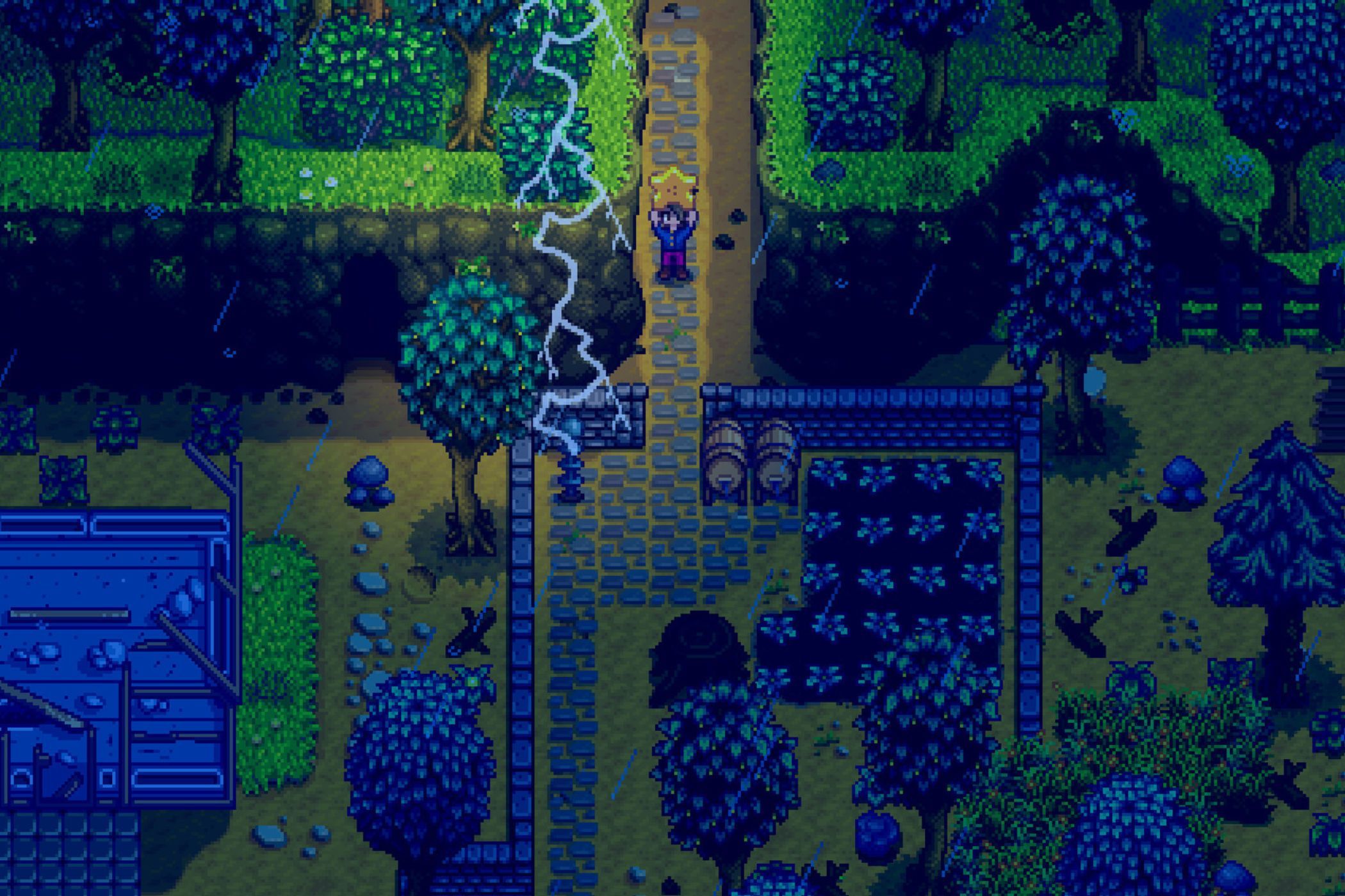 Stardew Valley player running during thunderstorm