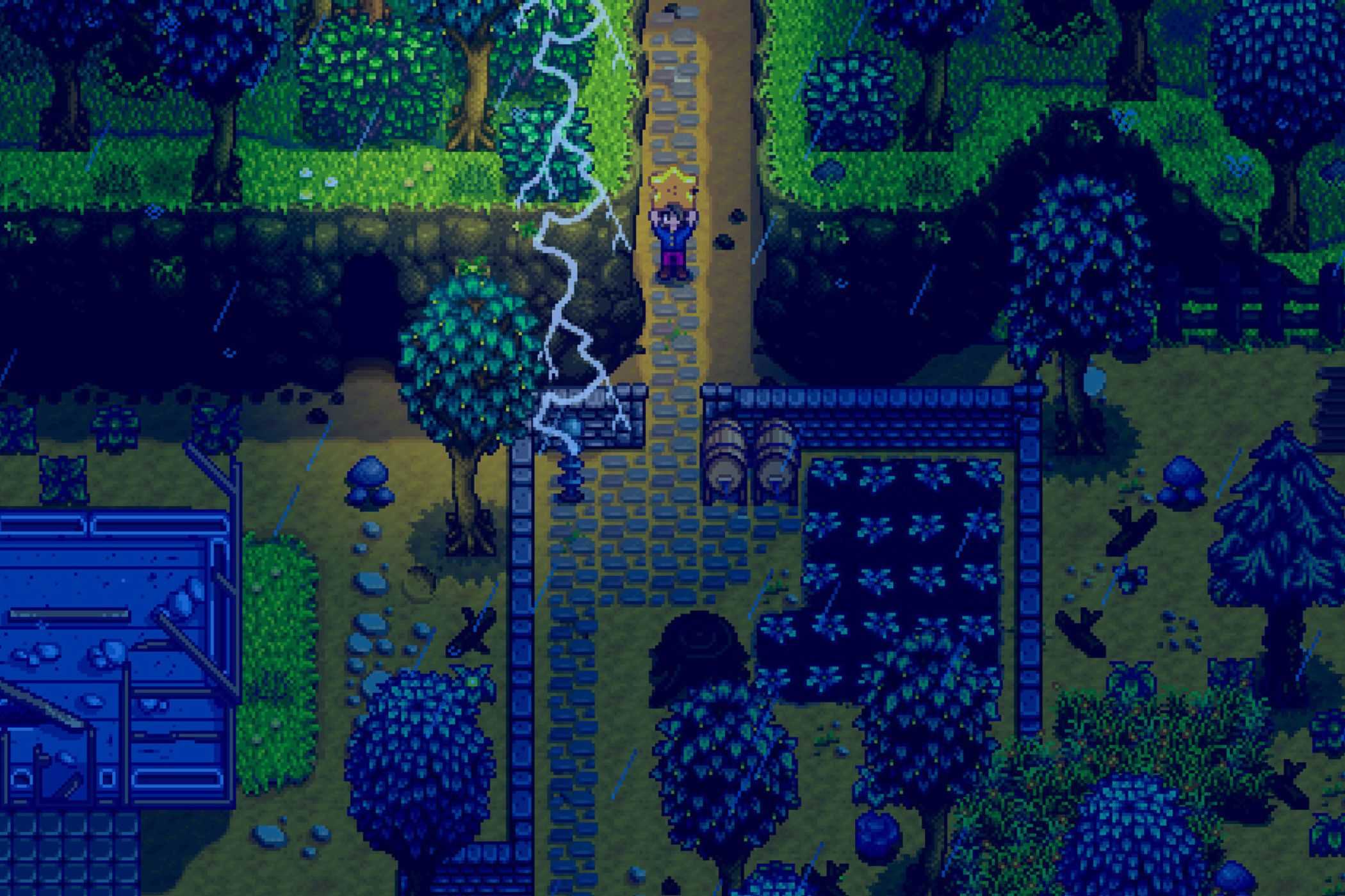 Stardew Valley player running during thunderstorm