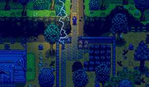 Stardew Valley player running during thunderstorm