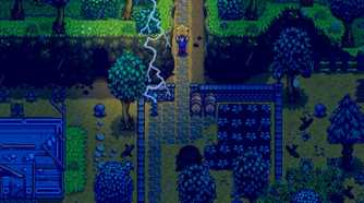 Stardew Valley player running during thunderstorm