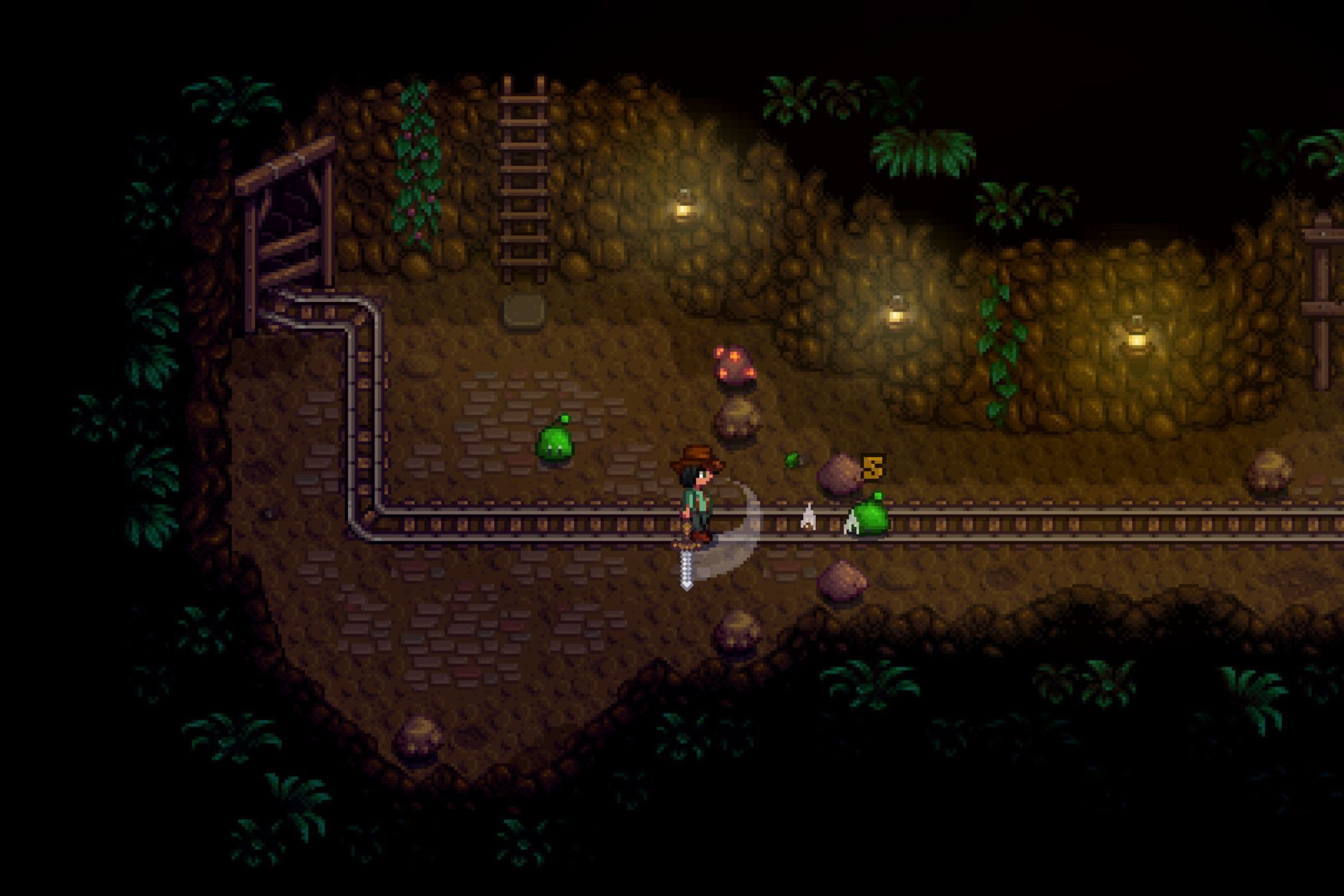 Stardew Valley player slashing sword in dungeon