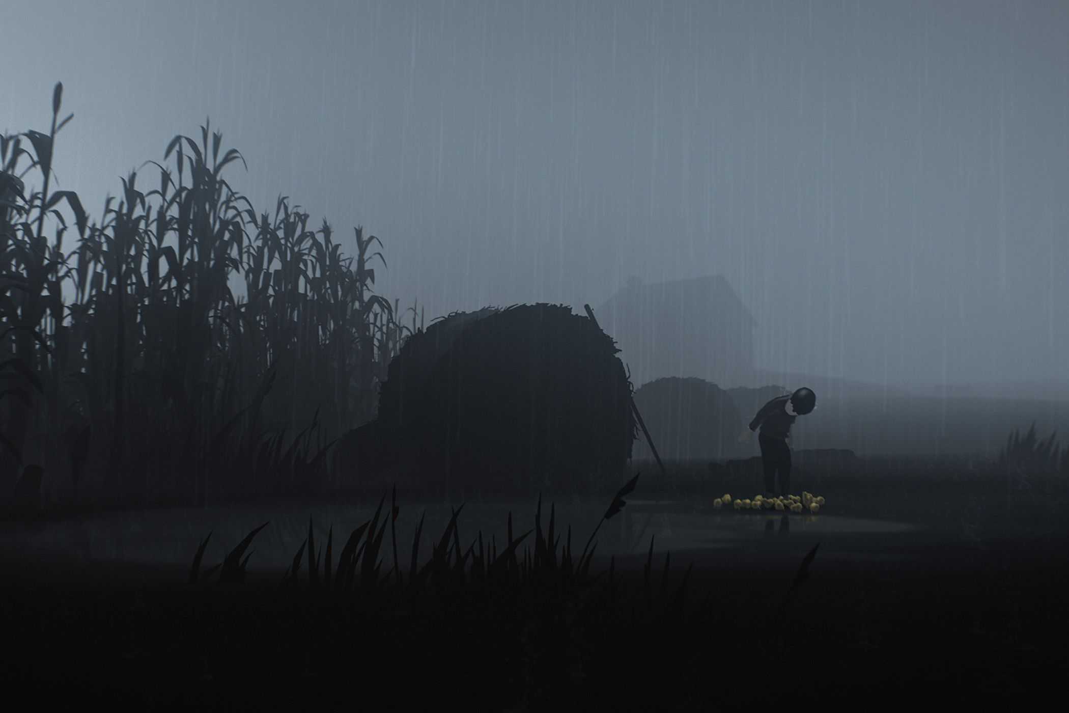 Inside kid standing in field surrounding by baby chickens