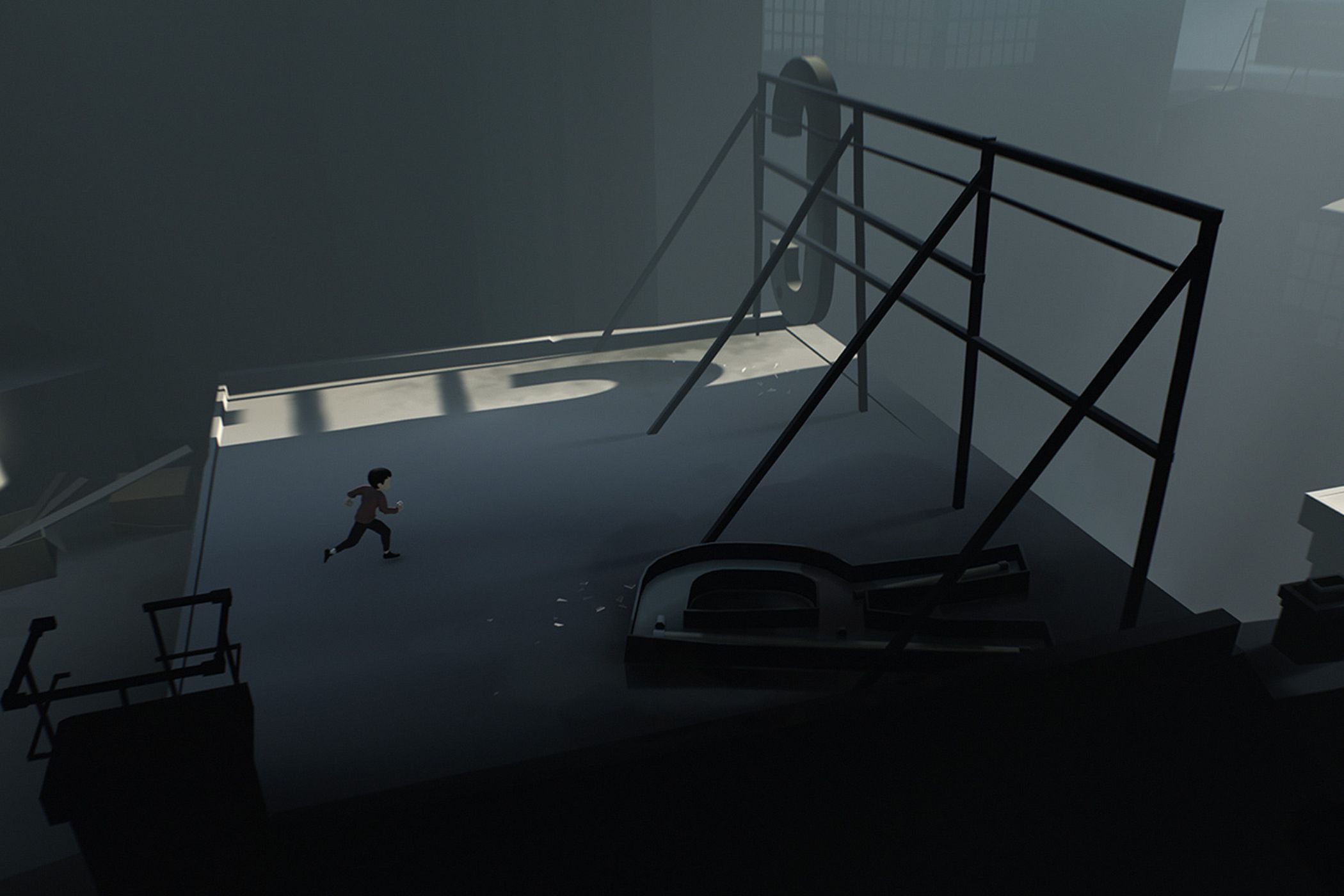 Inside kid running past broken sign