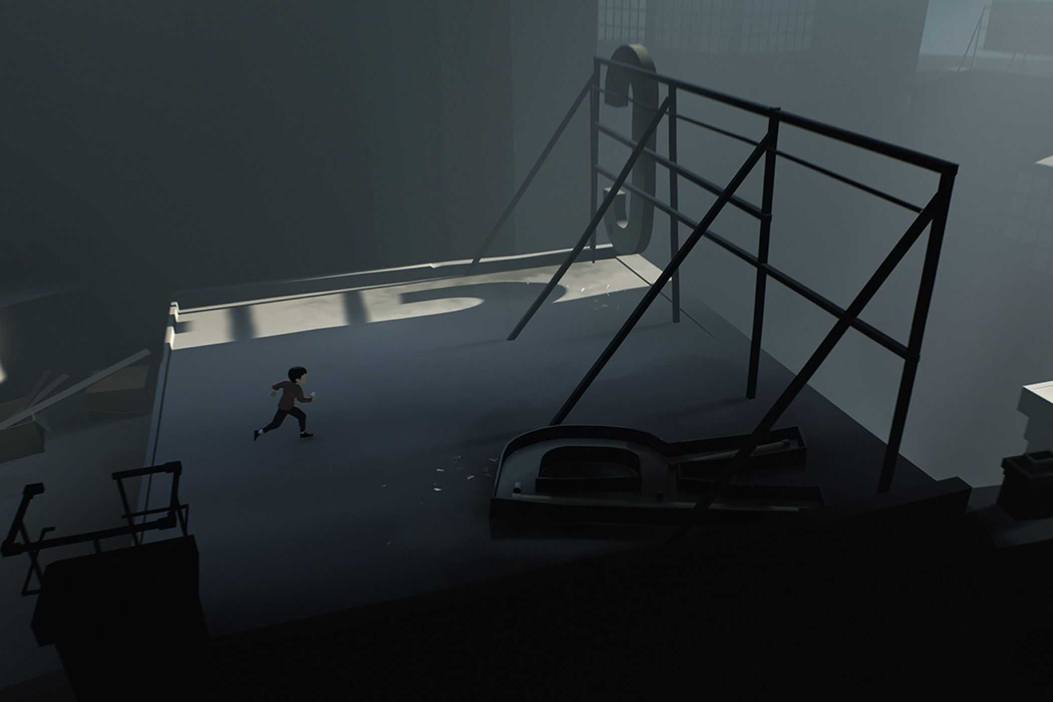 Inside kid running past broken sign