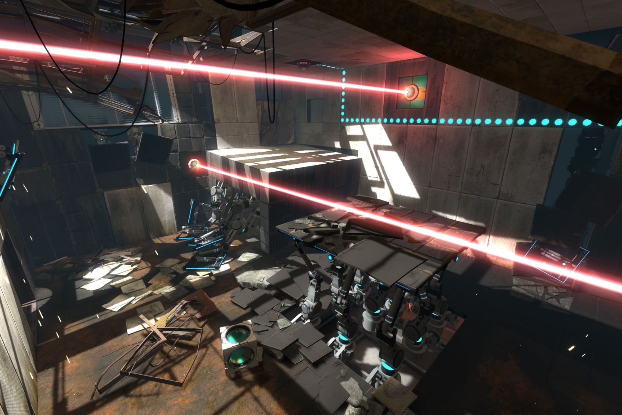 Portal 2 lasers shooting across puzzle room