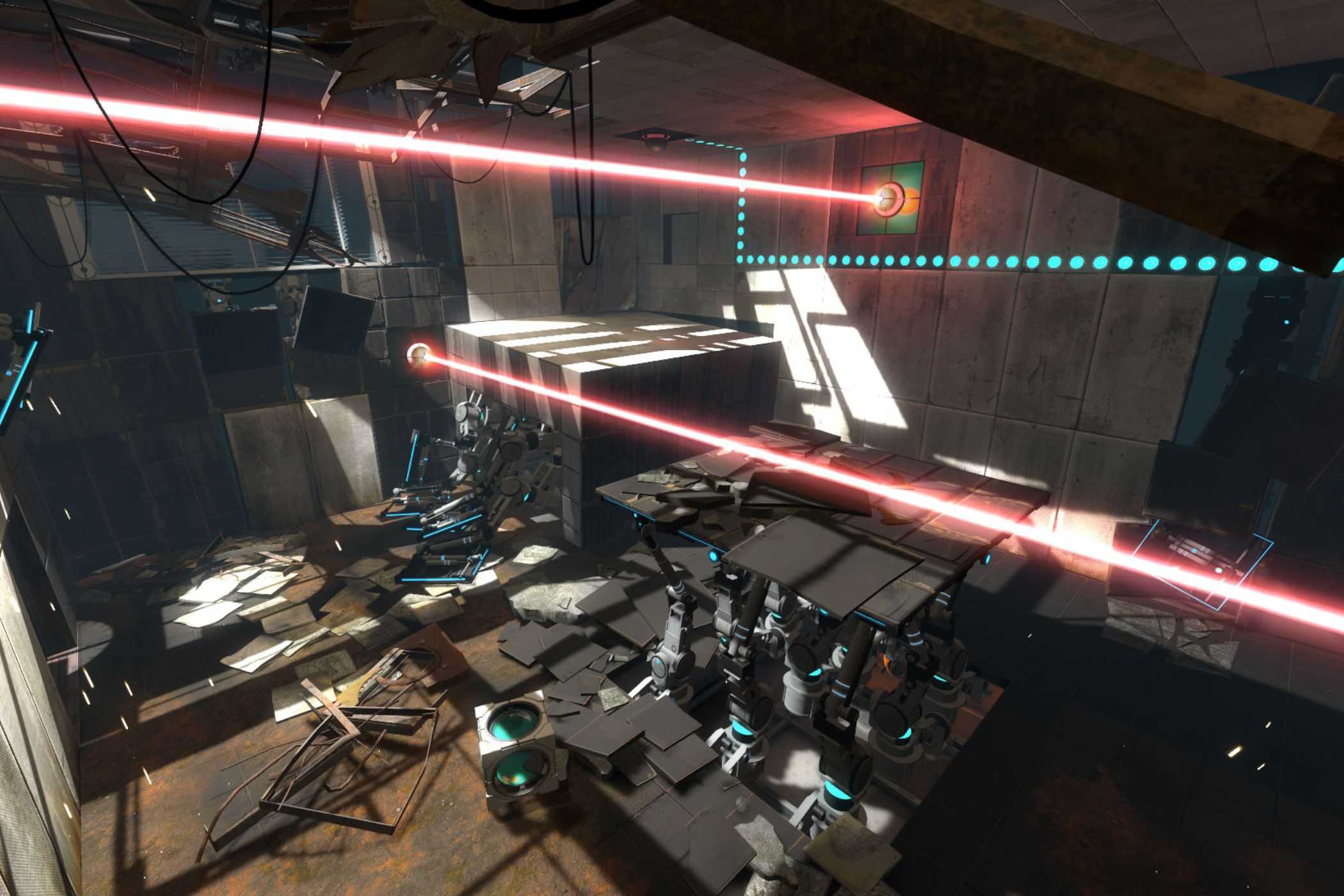 Portal 2 lasers shooting across puzzle room