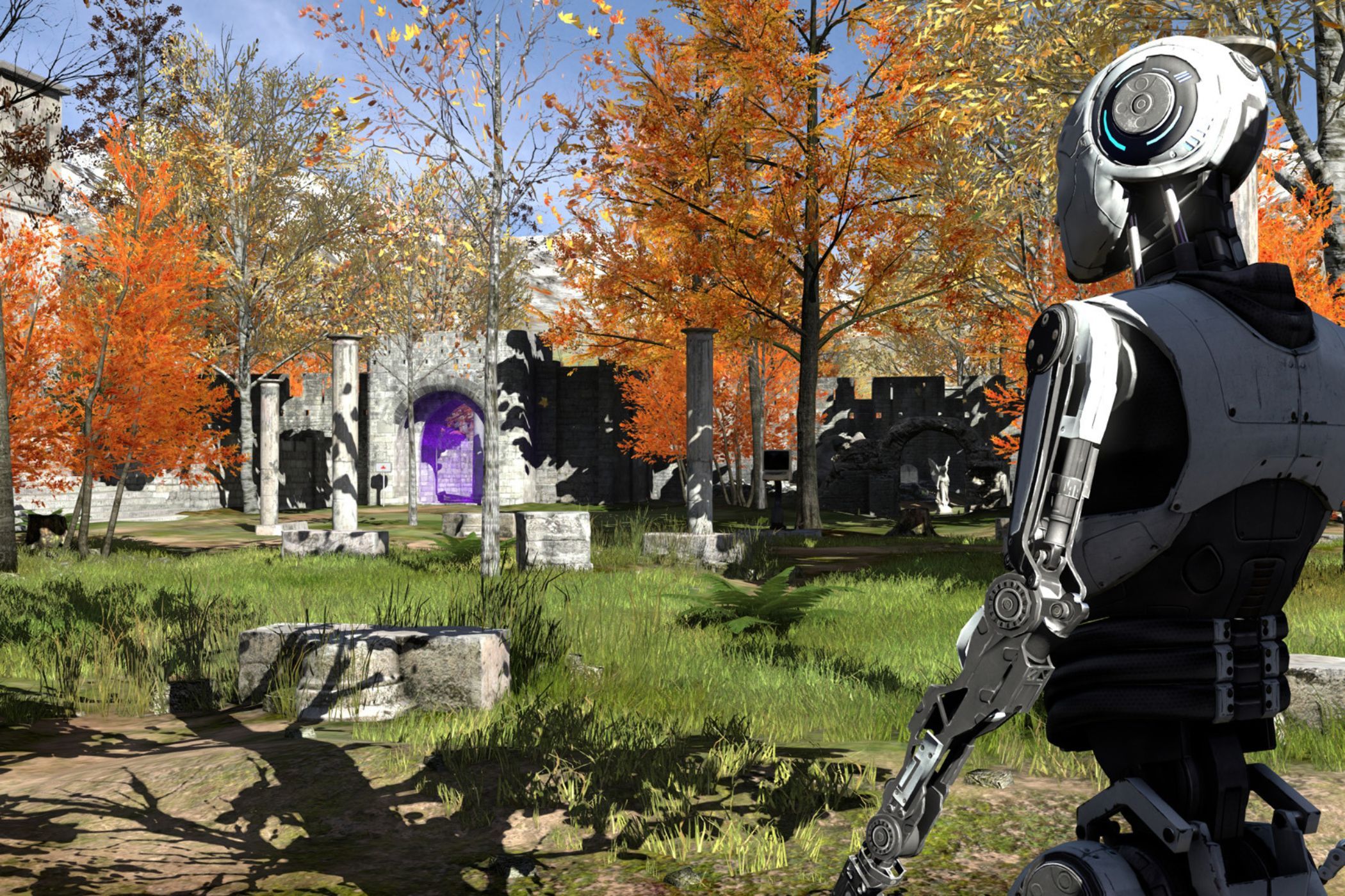 Talos Principle robot standing in field