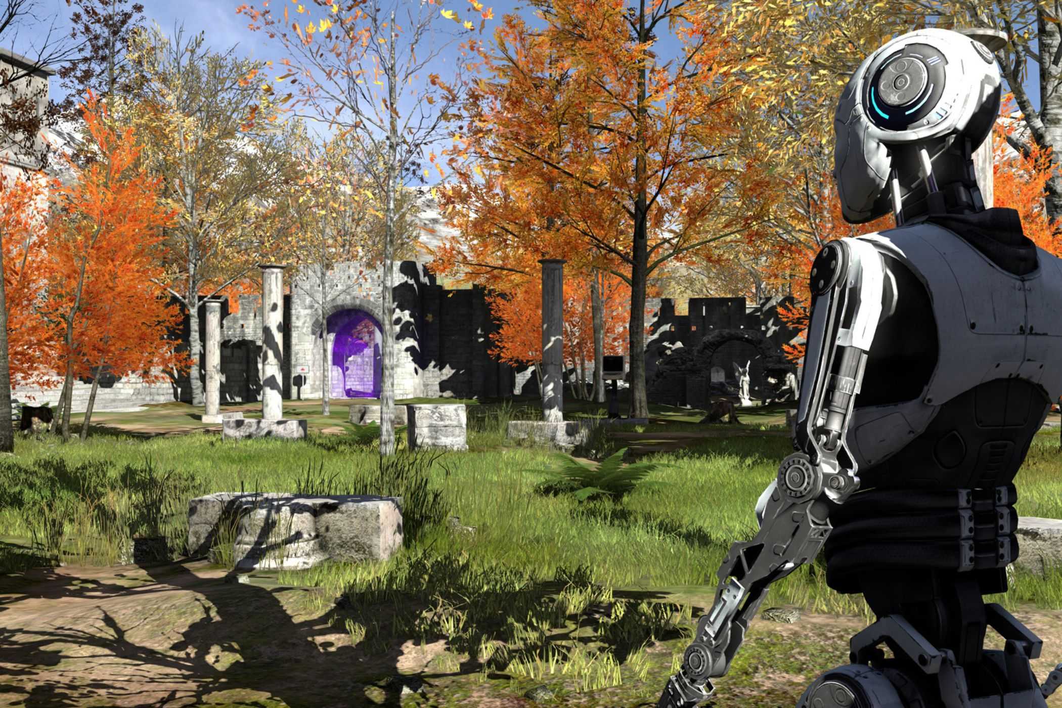 Talos Principle robot standing in field
