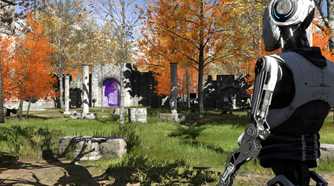 Talos Principle robot standing in field