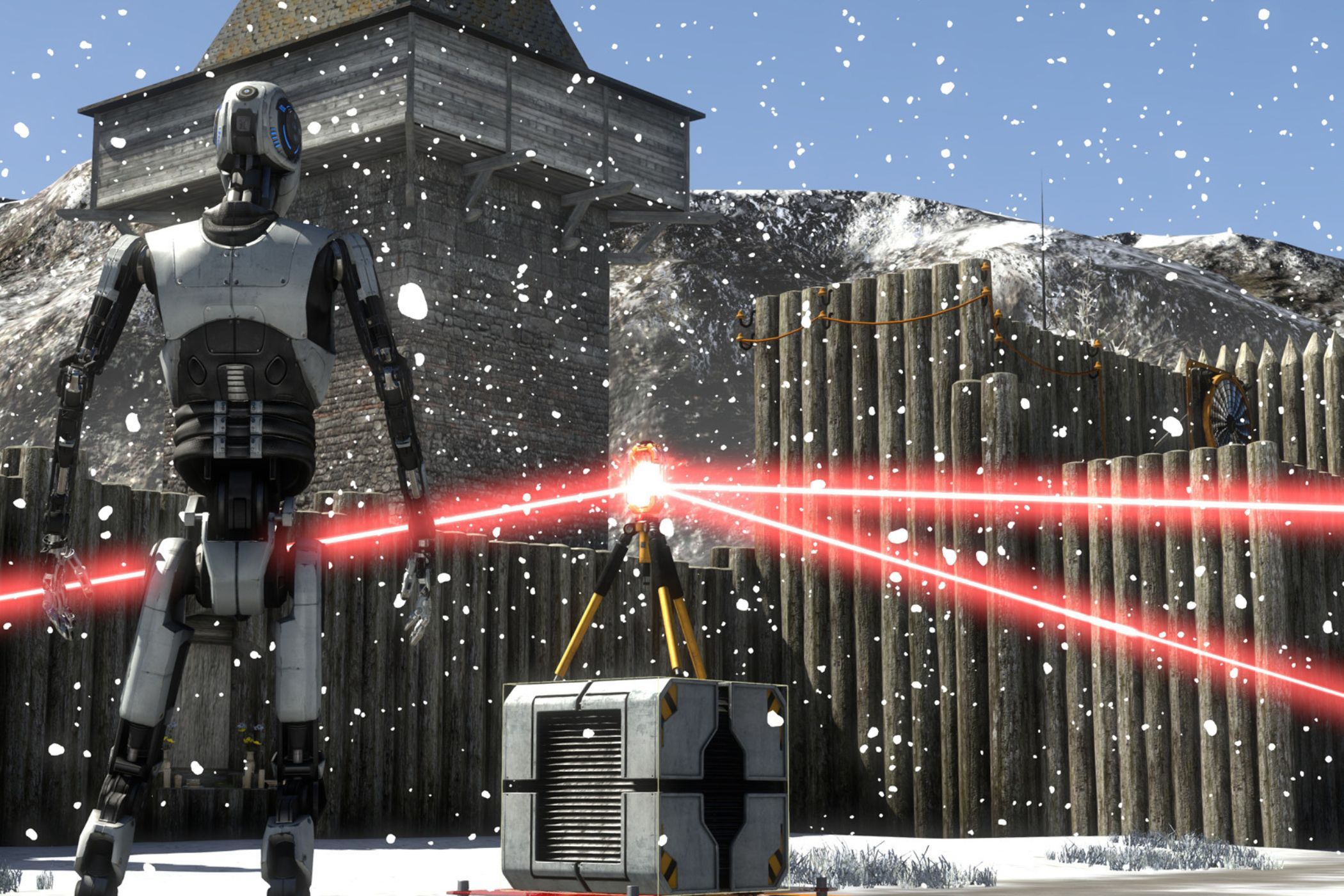 Talos Principle robot standing in front of laser machine