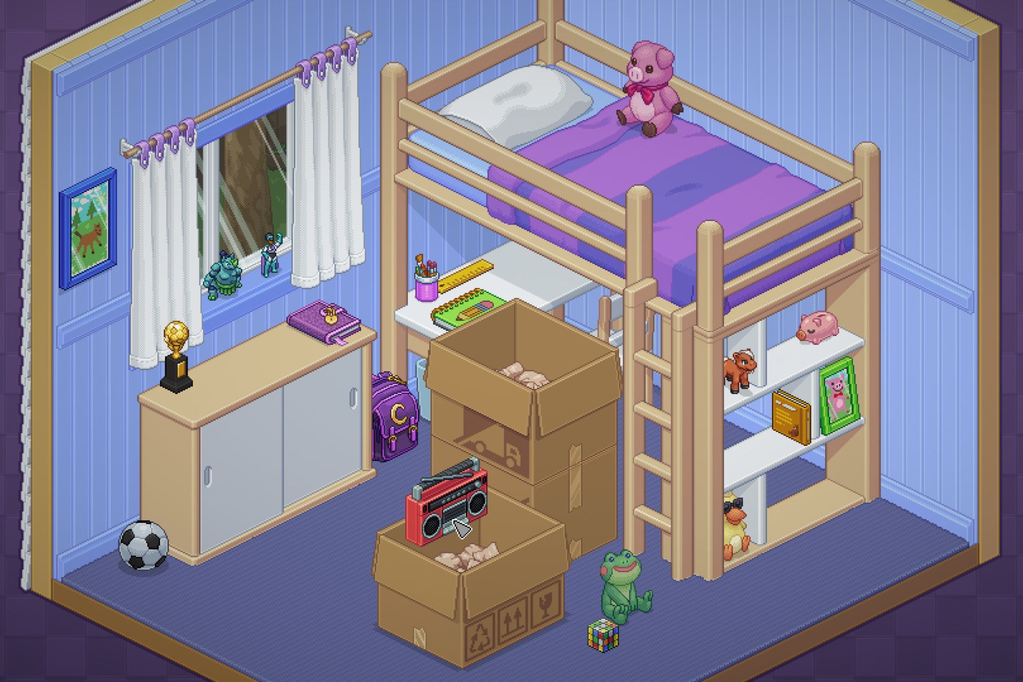 Unpacking bedroom with larger bed and pig