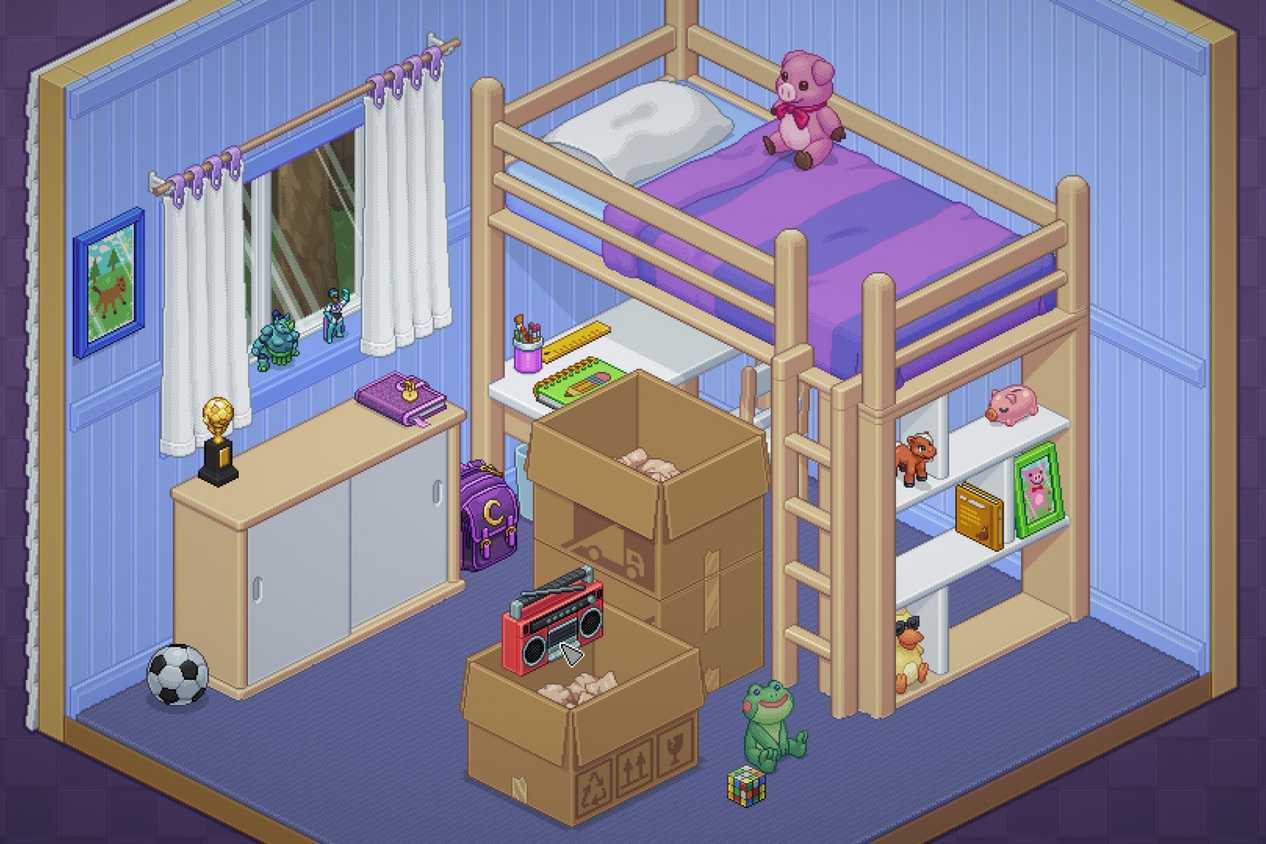 Unpacking bedroom with larger bed and pig