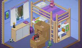 Unpacking bedroom with larger bed and pig
