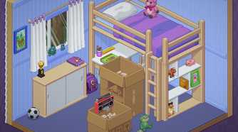 Unpacking bedroom with larger bed and pig