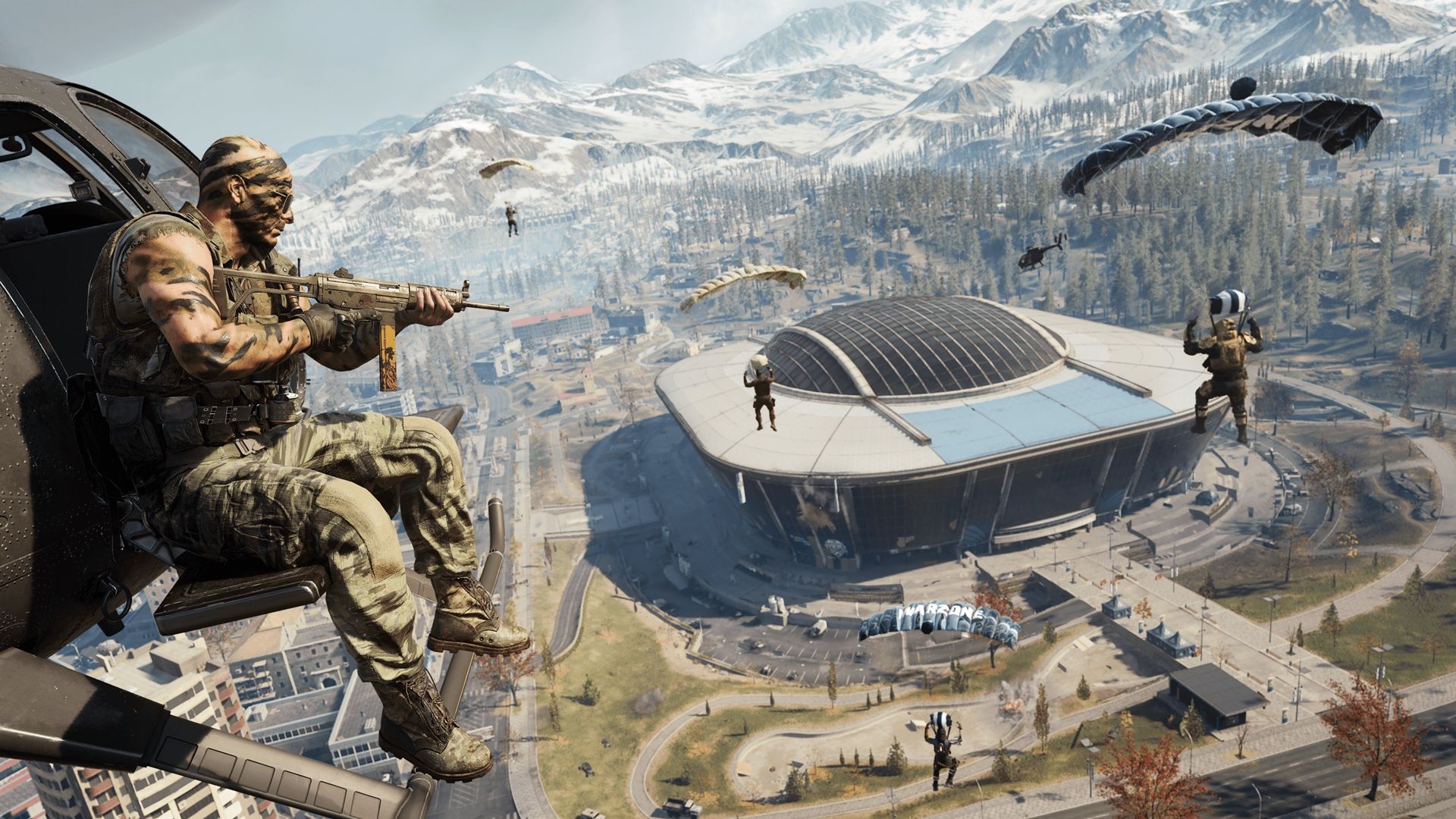 Call of Duty Warzone a man on a helicopter while people parachute around him