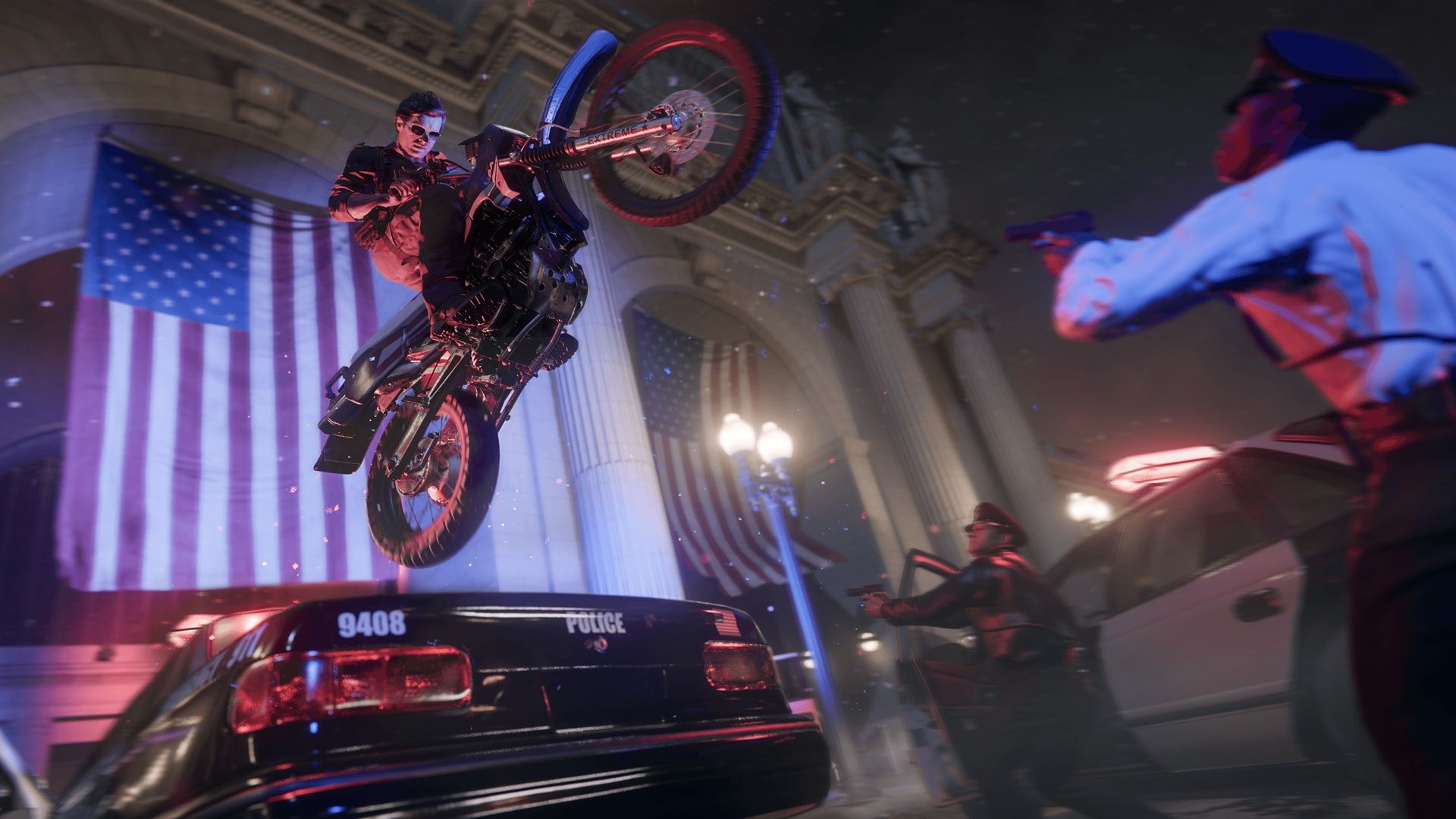 Black Ops 6 Adler jumping a motorcycle off a cop car