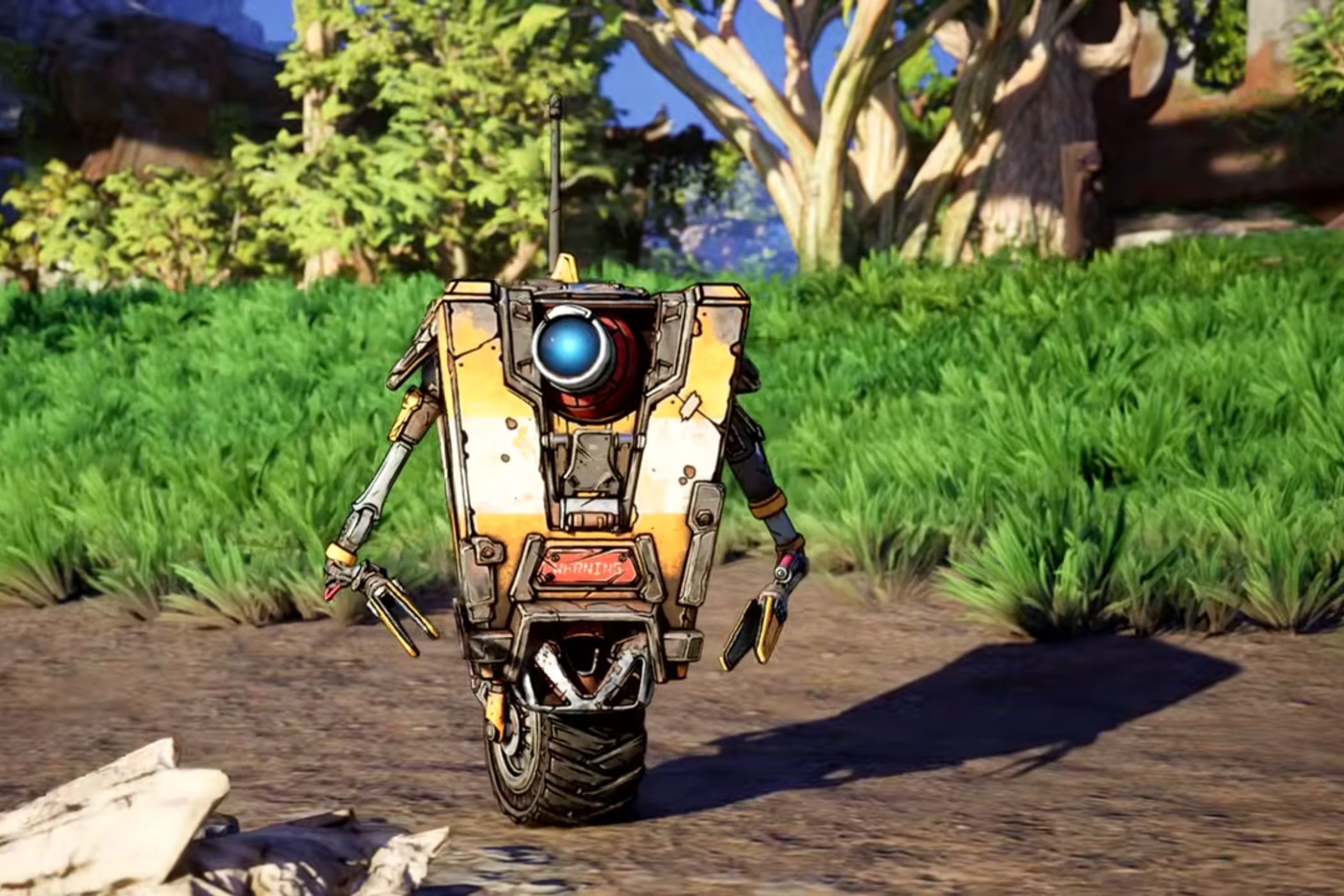 Borderlands 4 Claptrap near tree