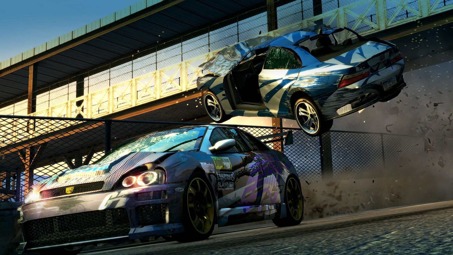 A screenshot from the game Burnout Paradise Remastered, showing a car in mid-air after crashing with another.