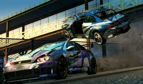 A screenshot from the game Burnout Paradise Remastered, showing a car in mid-air after crashing with another.