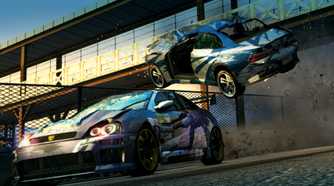 A screenshot from the game Burnout Paradise Remastered, showing a car in mid-air after crashing with another.