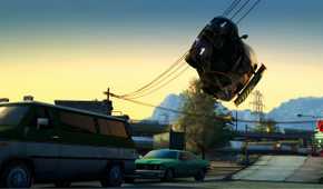 A screenshot from the game Burnout Paradise Remastered, showing a flipped car in mid-air.