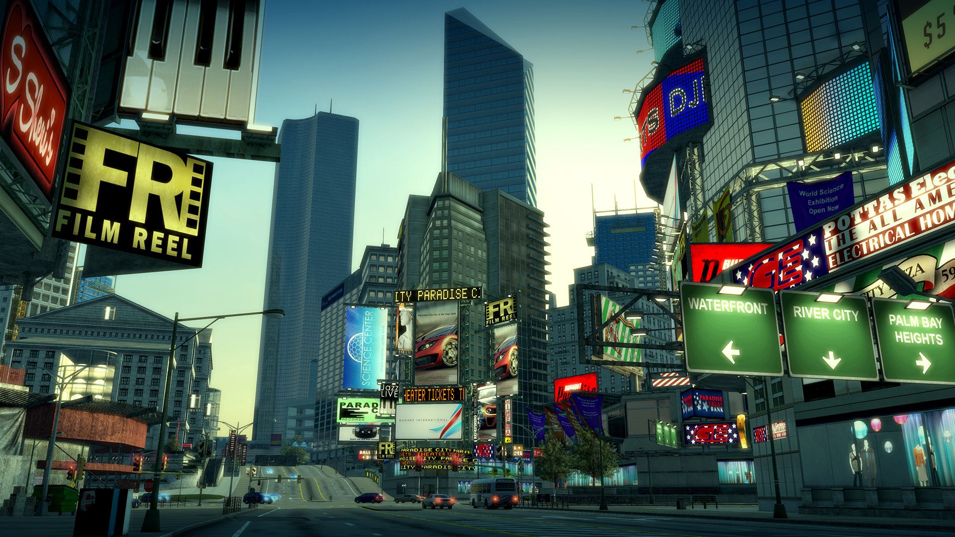 A screenshot from the game Burnout Paradise Remastered, showing Paradise City, the game's fictitious setting.