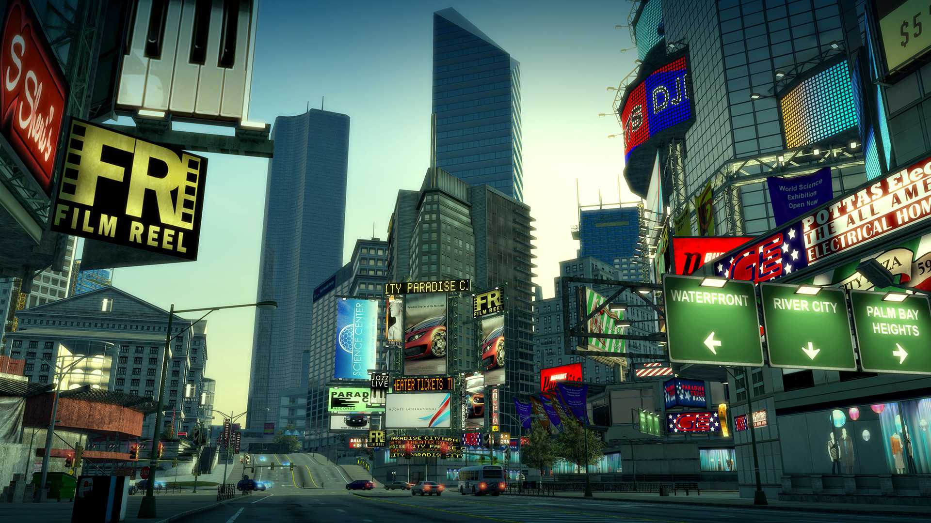 A screenshot from the game Burnout Paradise Remastered, showing Paradise City, the game's fictitious setting.