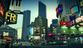 A screenshot from the game Burnout Paradise Remastered, showing Paradise City, the game's fictitious setting.