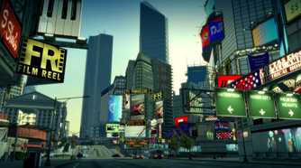 A screenshot from the game Burnout Paradise Remastered, showing Paradise City, the game's fictitious setting.