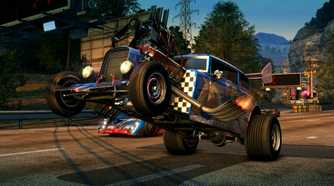 A screenshot from the game Burnout Paradise Remastered, showing a hot-rod car executing a wheelie.