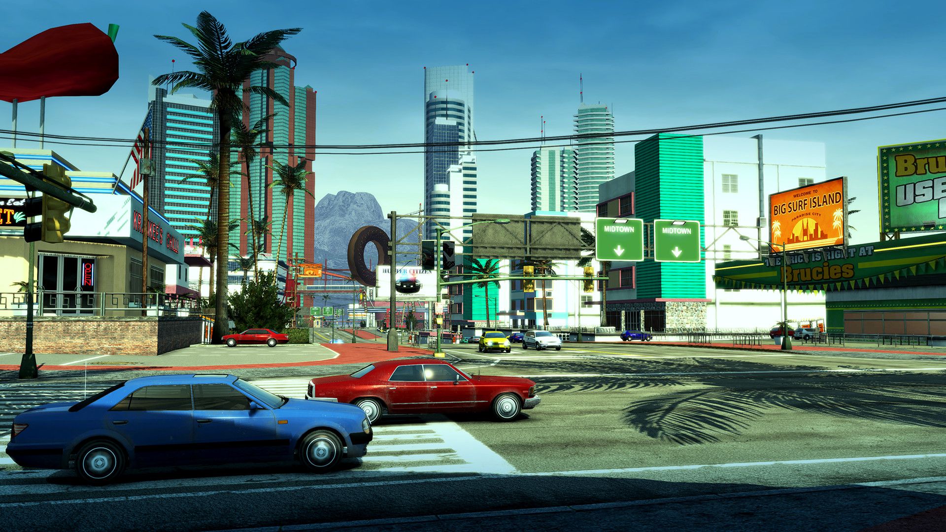 A screenshot from the game Burnout Paradise Remastered, showing a red and blue sedan racing each other on the road.