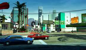 A screenshot from the game Burnout Paradise Remastered, showing a red and blue sedan racing each other on the road.