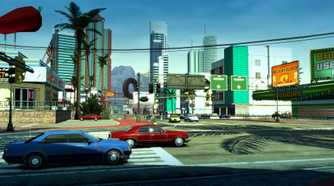 A screenshot from the game Burnout Paradise Remastered, showing a red and blue sedan racing each other on the road.