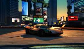 A screenshot from the game Burnout Paradise Remastered, showing a three-quarters front angle of a car while the sun sets.