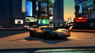 A screenshot from the game Burnout Paradise Remastered, showing a three-quarters front angle of a car while the sun sets.