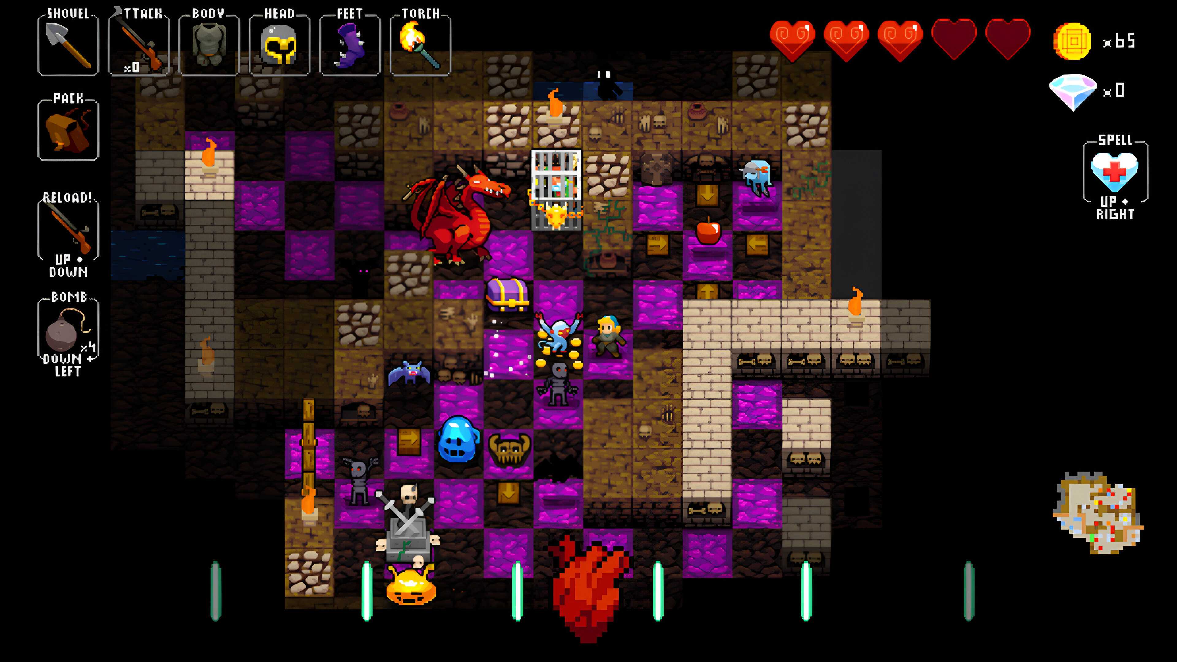 A screenshot from Crypt of the Necrodancer, showing a red dragon in a dungeon.