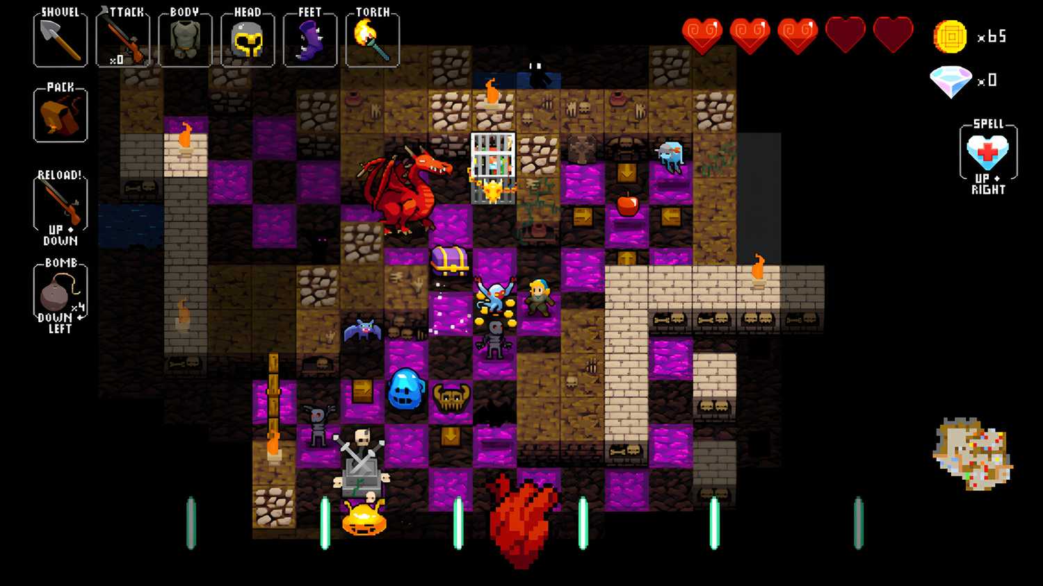 A screenshot from Crypt of the Necrodancer, showing a red dragon in a dungeon.