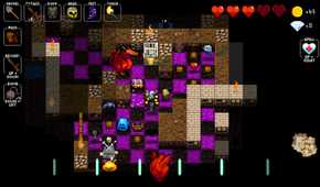 A screenshot from Crypt of the Necrodancer, showing a red dragon in a dungeon.