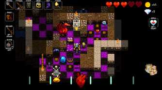 A screenshot from Crypt of the Necrodancer, showing a red dragon in a dungeon.