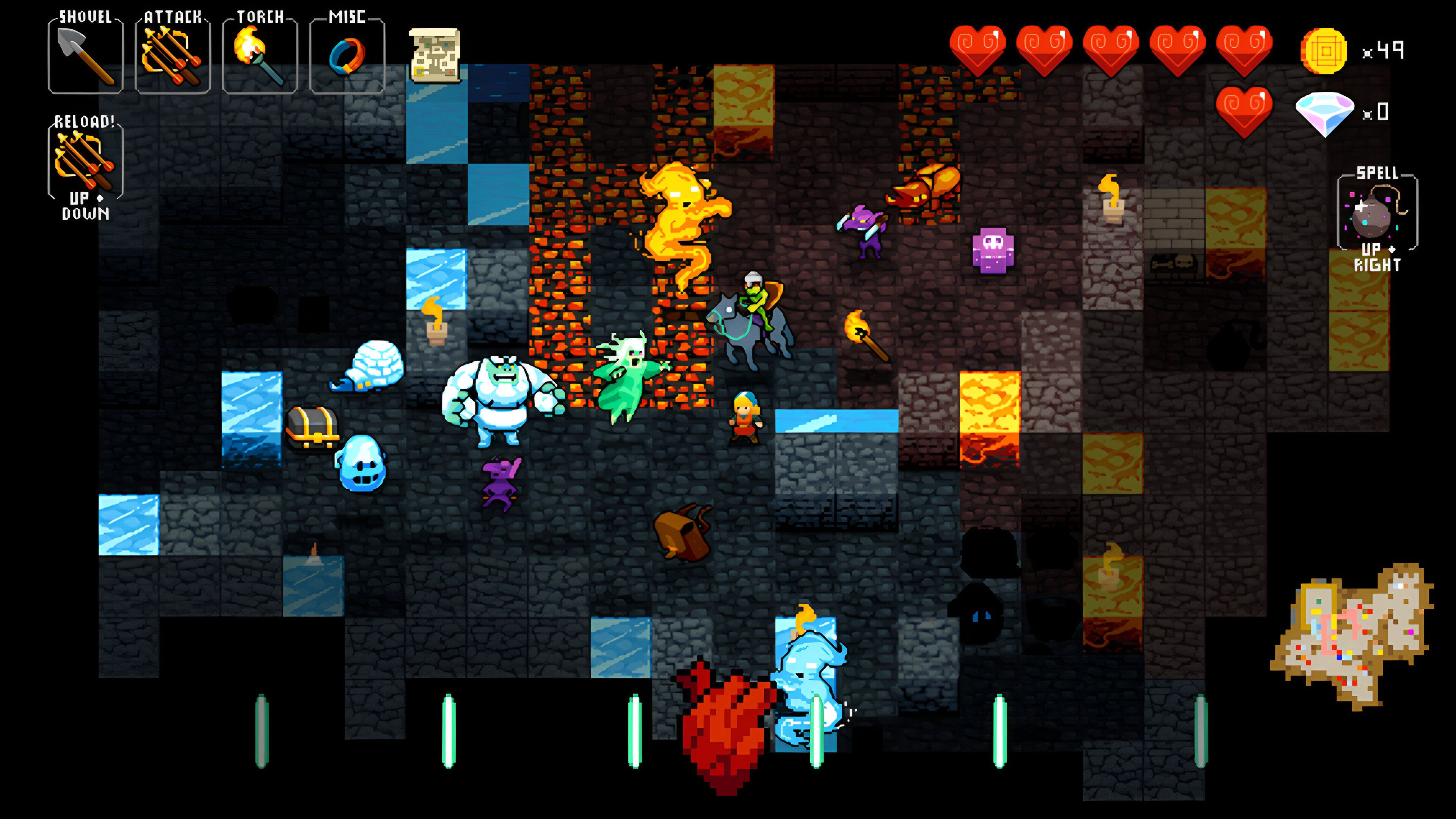 A screenshot from Crypt of the Necrodancer, showing multiple enemies on the screen.