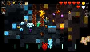 A screenshot from Crypt of the Necrodancer, showing multiple enemies on the screen.