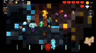 A screenshot from Crypt of the Necrodancer, showing multiple enemies on the screen.