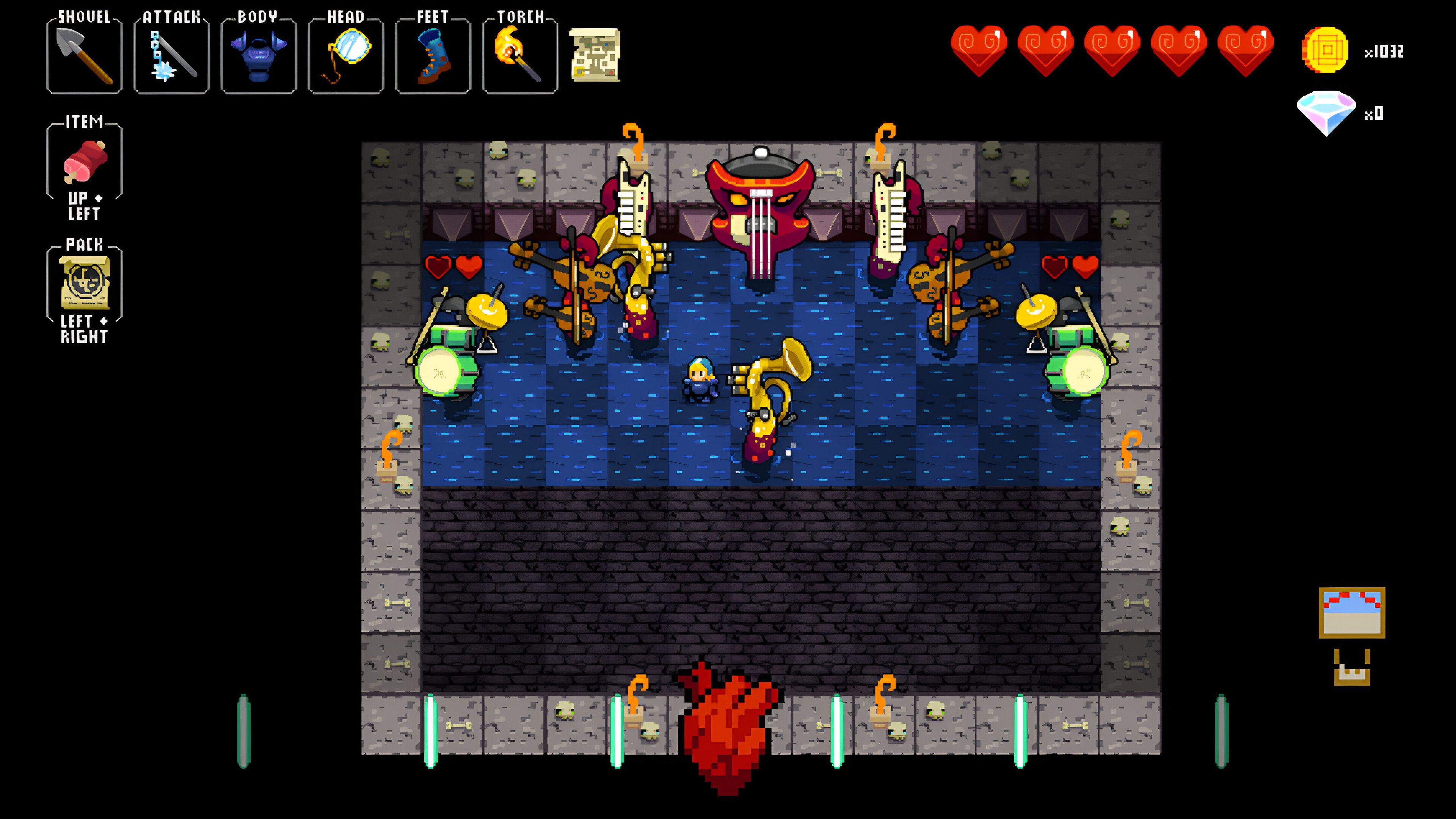 A screenshot from Crypt of the Necrodancer, showing musical instruments.